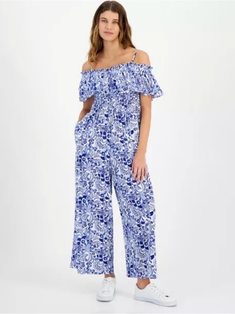 Tommy Hilfiger Blue and White Off-Shoulder Printed Jumpsuit